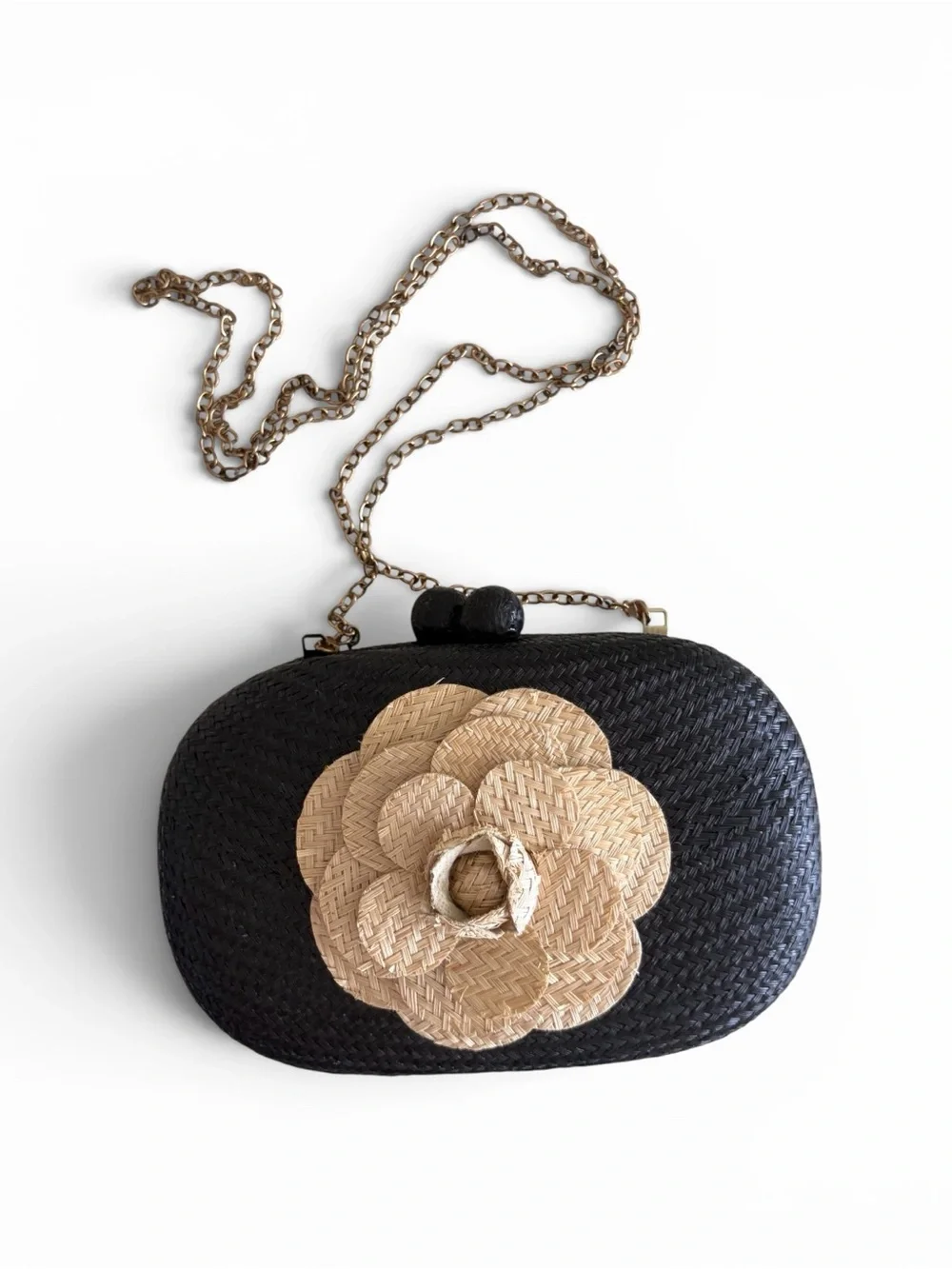 Black Woven Clutch with Natural Straw Flower Accent